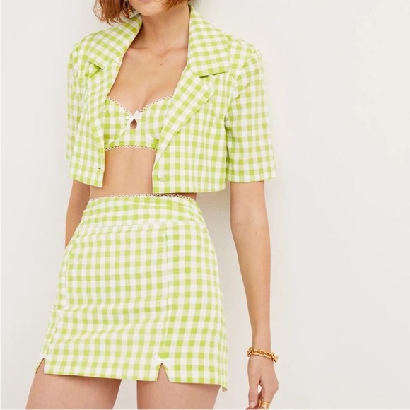 FOR LOVE & LEMONS maureen cropped gingham blazer top large , green white - Picture 1 of 10